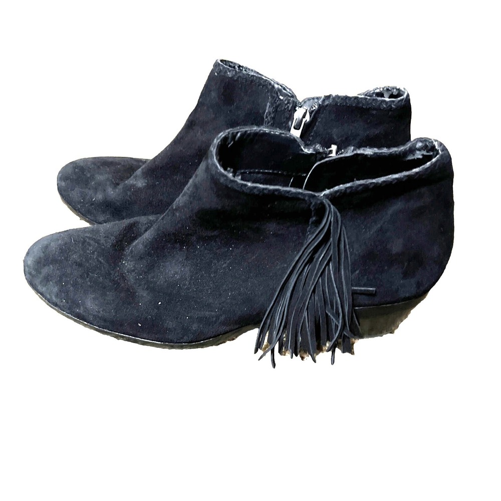 Sam Edelman Black Ankle Bootie Suede Women 9.5M Paige Fringe Block Heel